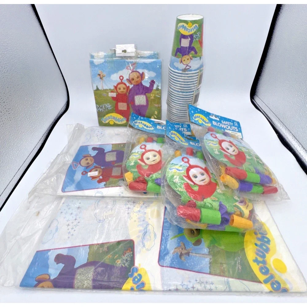 Vintage Teletubbies Party Supplies Lot New Old Stock Cups Napkins Tablecovers